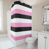 rideau de douche à rayures noir, rose et blanc (En situation)