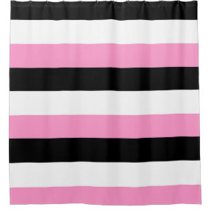 rideau de douche à rayures noir, rose et blanc