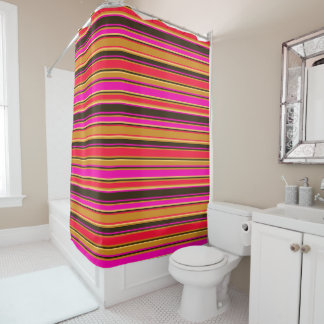 Rideau de douche à rayures or, rouge et magenta
