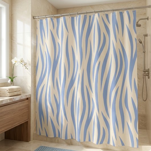 Rideau de douche à rayures zèbres bleu et beige –