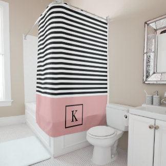 Rideau de douche à ruban monogramme - rose noir/bl
