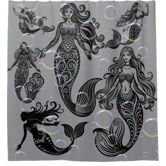 Rideau de douche à sirène gris et noir (Devant)