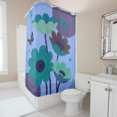 Rideau de douche abstrait papillon et fleurs bleue (En situation)