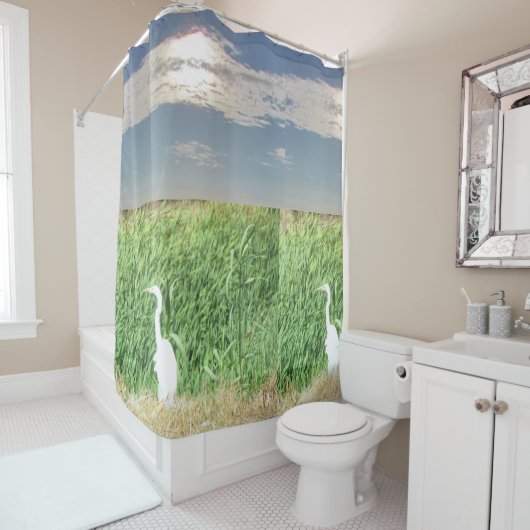 Rideau de douche - Aigrettes en Herbe de marais (En situation)