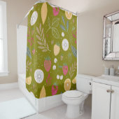 Rideau de douche aux fruits et fleurs vert olive (En situation)