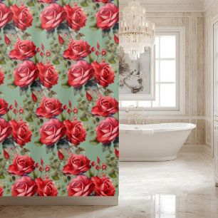 Rideau de douche aux roses rouges vert sauge éléga
