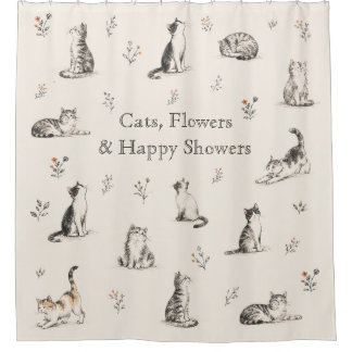Rideau de douche avec croquis de chats et de fleur