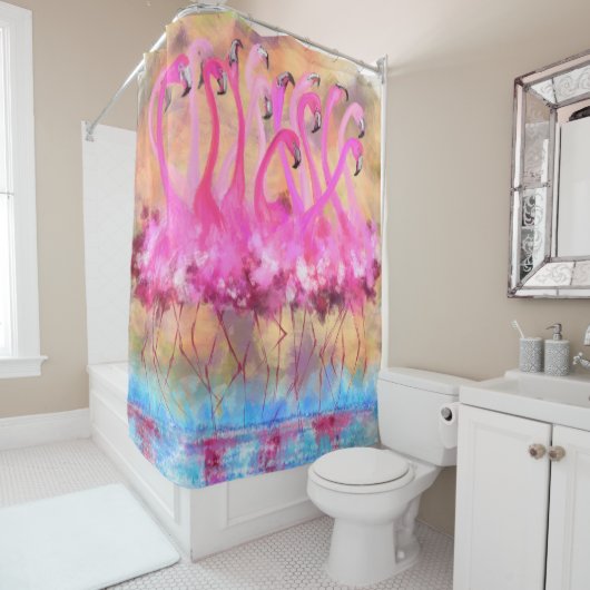 Rideau de douche avec flamants roses (En situation)