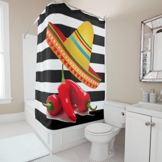 Rideau de douche Bande noire Mexicaine Sombrero (En situation)