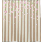 Rideau de douche beige rayé fleurs roses (Devant)