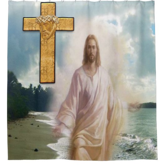 Rideau de douche blanc croisé Jésus (Devant)