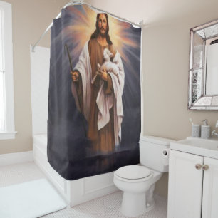 Rideau de douche blanc croisé Jésus