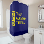 Rideau de douche bleu avec lettres verticales (En situation)