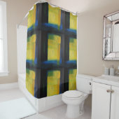 Rideau de douche bleu et jaune "Motion" (En situation)