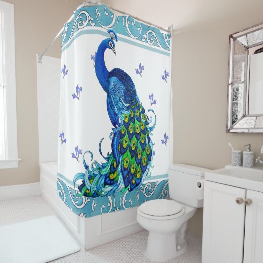 Rideau de douche bleu Peacock Swirl (En situation)