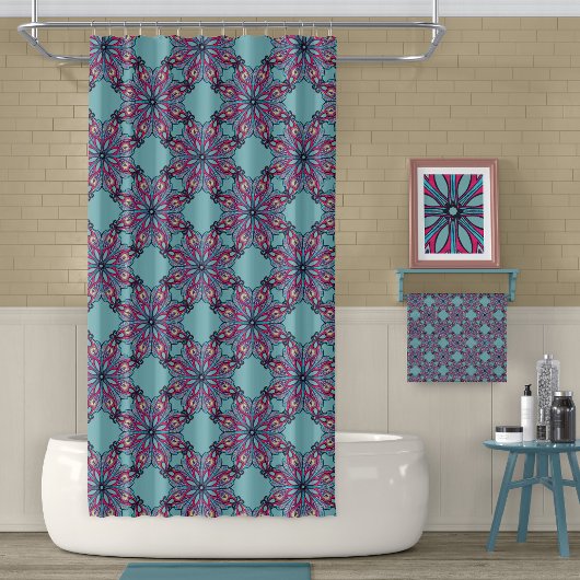 Rideau de douche Boho Bloom en bleu aqua