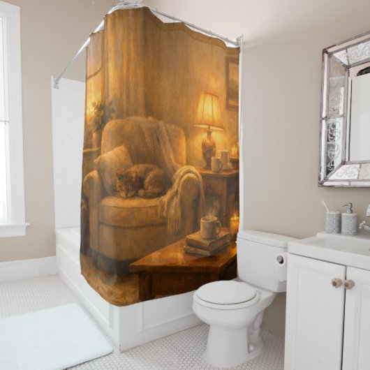 Rideau de douche Chat et Lampe de Coin Tranquille (En situation)
