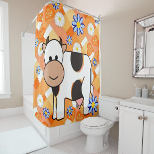 Rideau de douche Coeurs orange Fleurs bleues Vache