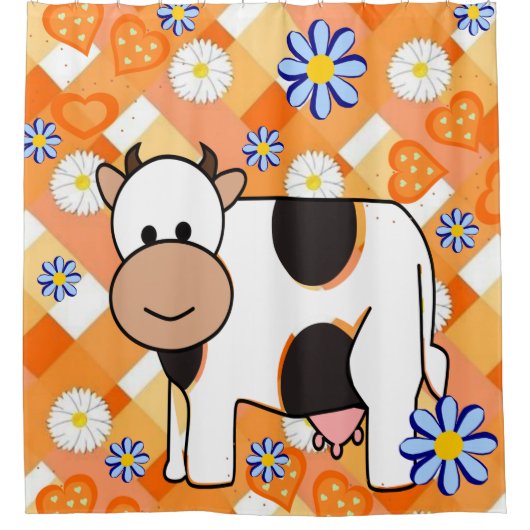 Rideau de douche Coeurs orange Fleurs bleues Vache (Devant)
