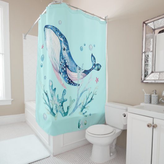 Rideau de douche composition baleine et coraux de (En situation)