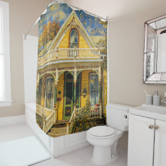 Rideau de douche de maison jaune victorienne fanta