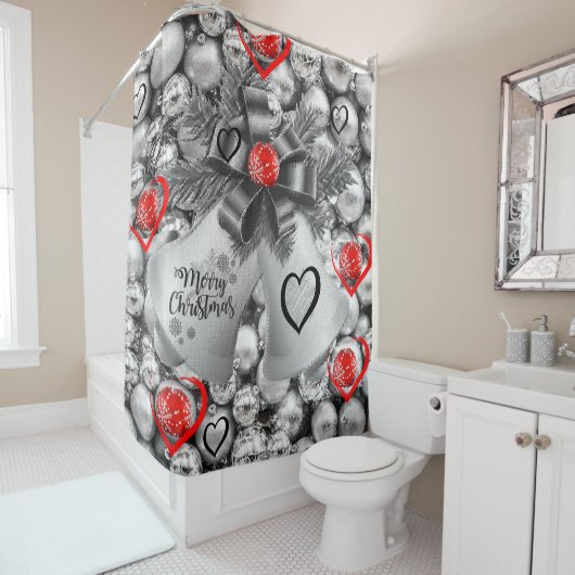 Rideau de douche de Noël, balles d'argent (En situation)