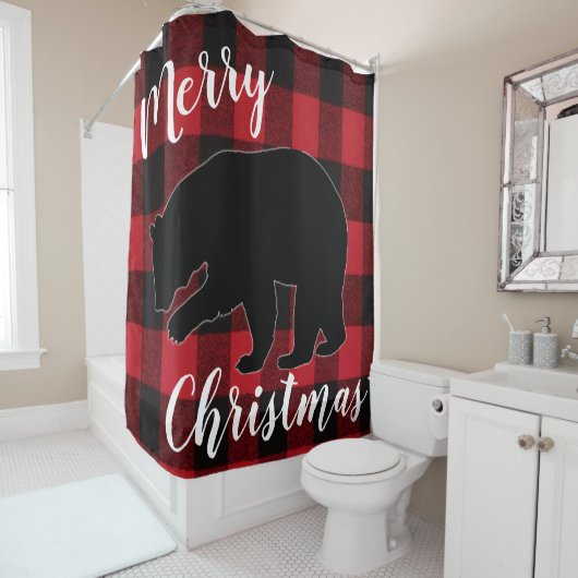 Rideau de douche de Noël Ours noir rouge plaid (En situation)