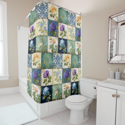 Rideau de douche de style patchwork vintage (En situation)