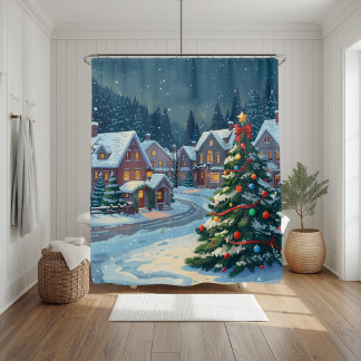 Rideau de douche de Village de Noël enneigé pour l