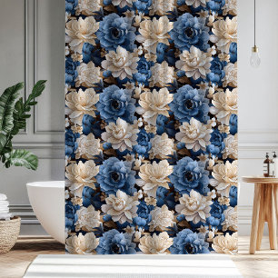 Rideau de douche élégant bleu blanc floral ivoire