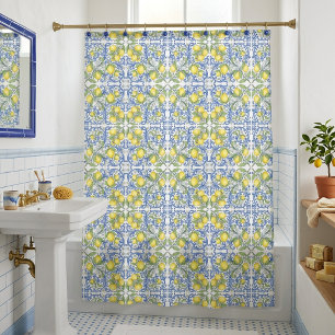 Rideau de douche en carreau de majolique bleu et c