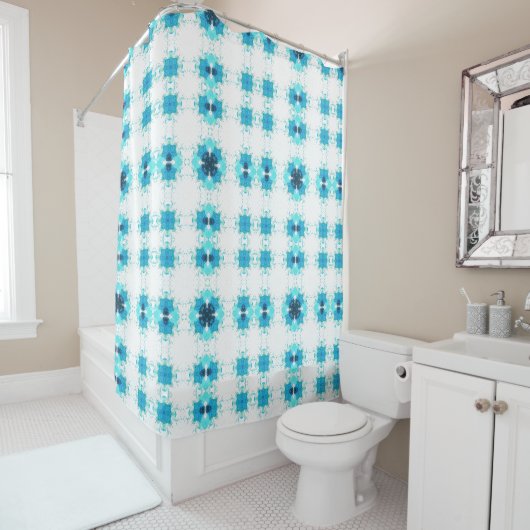 Rideau de douche en fleurs turquoise (En situation)