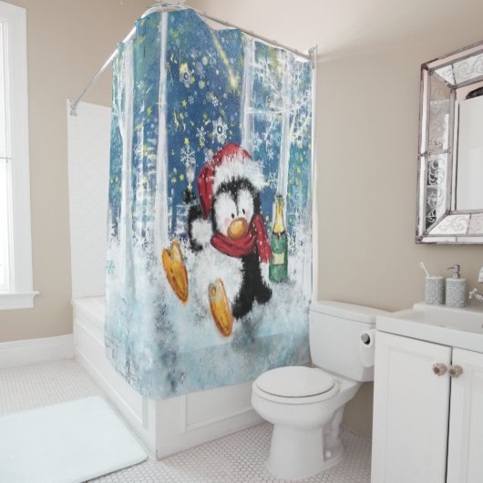 Rideau de douche en pingouin de Noël (En situation)