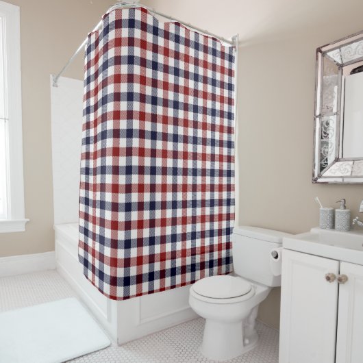 Rideau de douche en plaid rouge blanc et bleu (En situation)