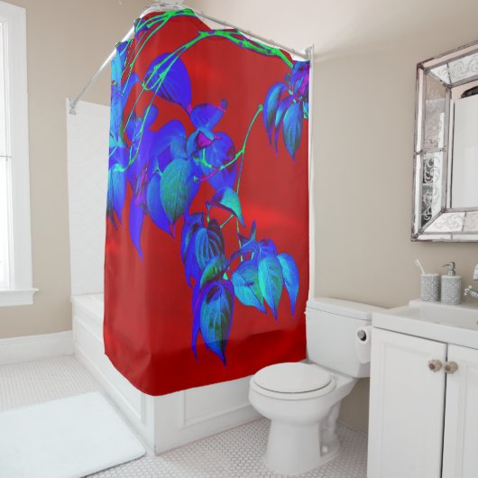 Rideau de douche Feuille bleu ciel rouge (En situation)