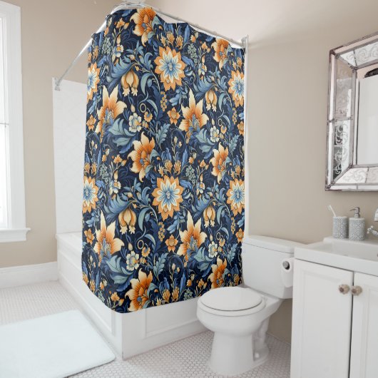 Rideau de douche fleuri bohème de la marine (En situation)