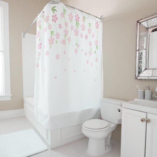 Rideau de douche Fleurs roses et blanches (En situation)