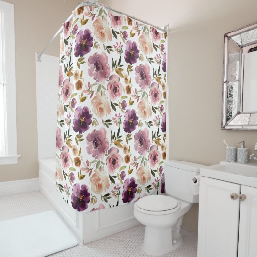 Rideau de douche Fleurs Roses Rose Violet (En situation)