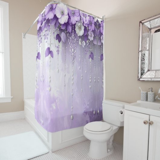 Rideau de douche Fleurs violettes avec perles qui (En situation)