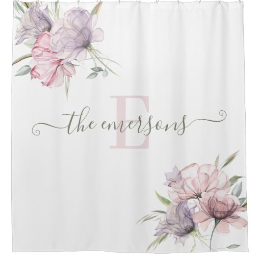 Rideau de douche floral aquarellisé avec monogramm (Devant)
