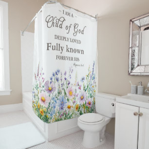 Rideau de douche floral avec verset biblique bohèm