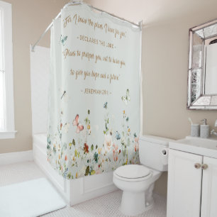 Rideau de douche floral avec verset biblique bohèm