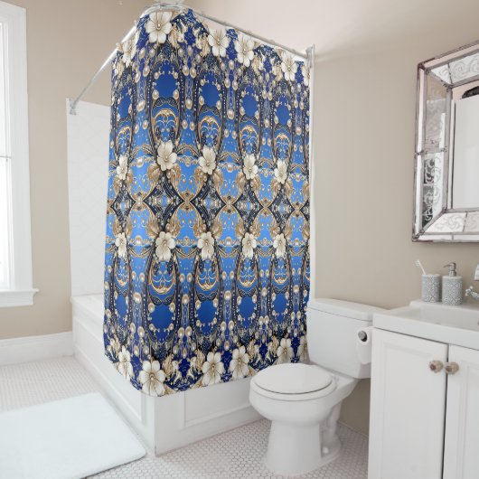 Rideau de douche floral bleu blanc (En situation)