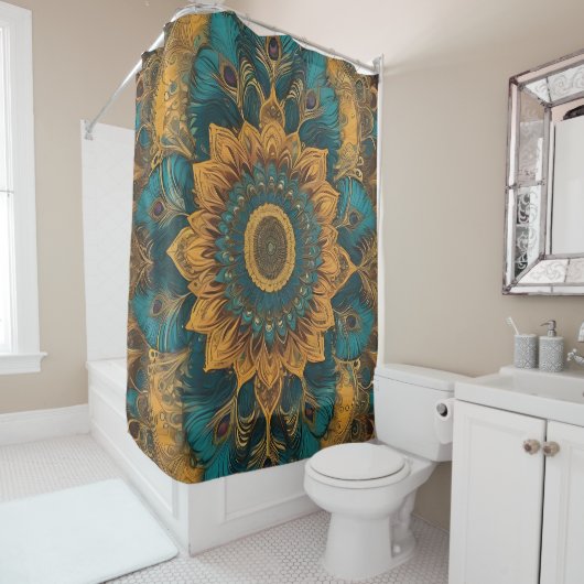 Rideau de douche Floral Boho bleu (En situation)