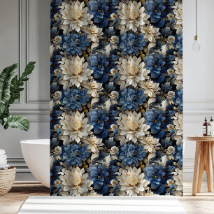Rideau de douche floral luxueux bleu ivoire blanc