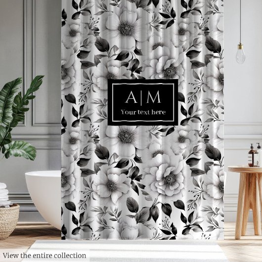 Rideau de douche floral noir et blanc chic en cade