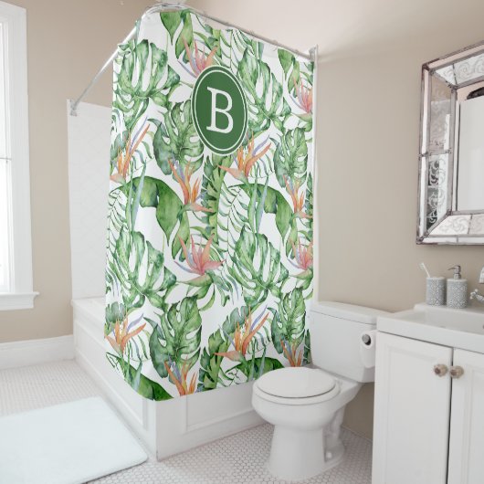Rideau de douche Initiales Feuilles Tropicales (En situation)