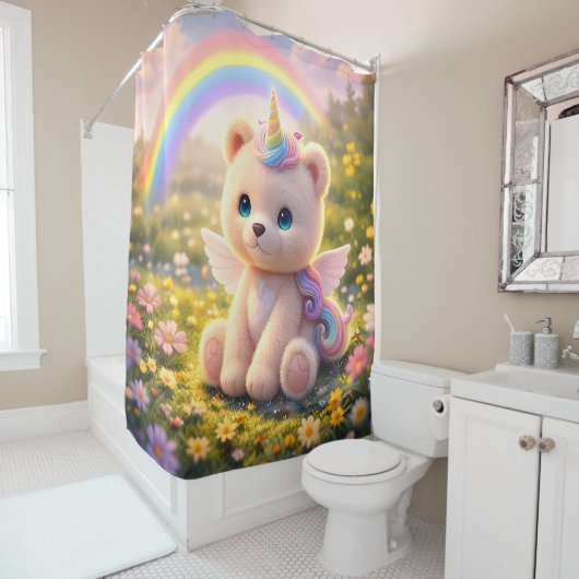 Rideau de douche luxe licorne ours en peluche (En situation)