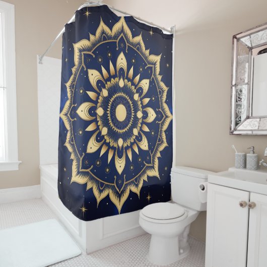 Rideau de douche Mandala Lune Céleste | Bleu Nuit (En situation)