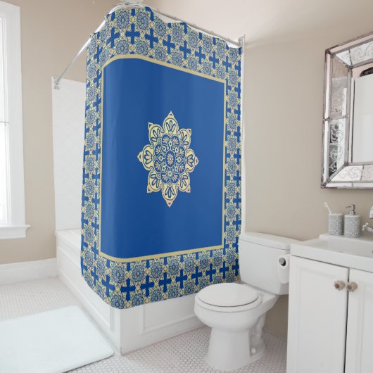Rideau de douche médaillon bleu et or (En situation)